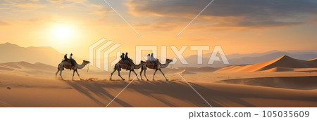 Caravan in the desert in the rays of the sun at sunset. 105035609