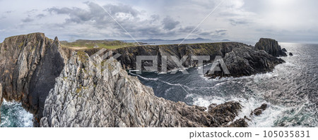 Aerial view of the coastline at Malin Head in Ireland. 105035831