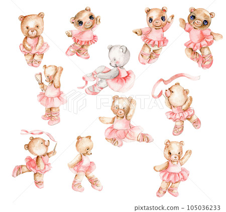 Brown bear and mouse ballerina in pink dress. Dancing mice, watercolor illustration, animal with cartoon character. Perfect for greeting card, print design, wedding invitation. 105036233