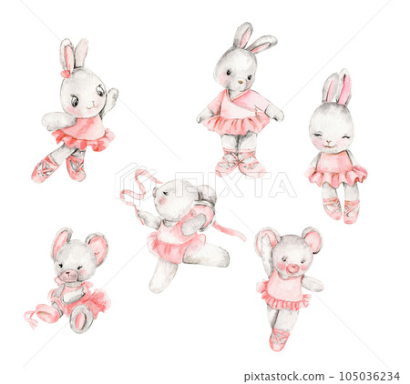 Brown bear and mouse ballerina in pink dress. Dancing mice, watercolor illustration, animal with cartoon character. Perfect for greeting card, print design, wedding invitation. Brown bear and mouse ballerina in pink dress. Dancing mice, watercolor illustration, animal with cartoon character. Perfect for greeting card, print design, wedding invitation. 105036234