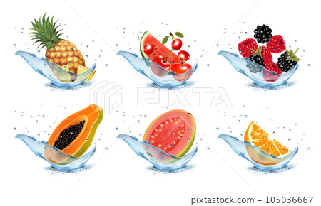 Set of fruits and berries in water splashes. Apricot, watermelon, cherry, raspberry, blackberry, pear, papaya, pineapple, strawberry, mango, grape in water splash and drops. Vector illustration. 105036667