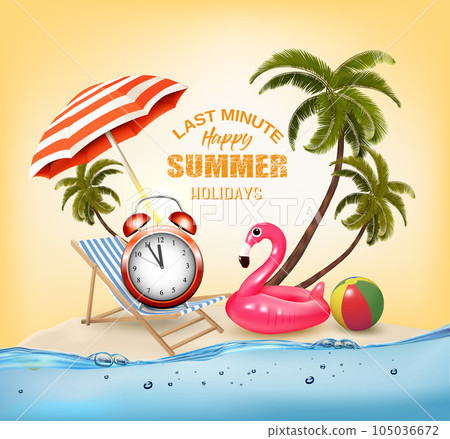 Tropical island with palms and pink inflatable flamingo on the ocean. Last Minute. Vacation vector background. Tropical island with palms and pink inflatable flamingo on the ocean. Last Minute. Vacation vector background. 105036672