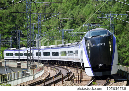 The Chuo Main Line limited express train running through the fresh green cypress forest The Chuo Main Line limited express train running through the fresh green cypress forest 105036786