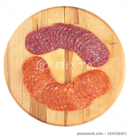 Round cutting board with sliced pepperoni and salami on a white background. Round cutting board with sliced pepperoni and salami on a white background. 105036951