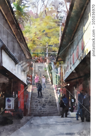 伊香保溫泉的樓梯、石階、溫泉街 水彩畫生成AI 105036970