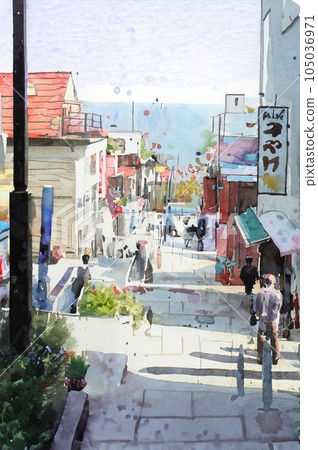 伊香保溫泉的樓梯、石階、溫泉街 水彩畫生成AI 105036971