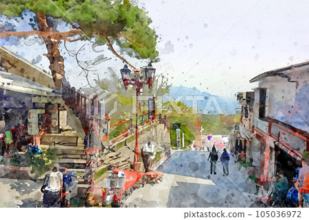 伊香保溫泉，石階上的景色，水彩插圖，生成人工智能 105036972