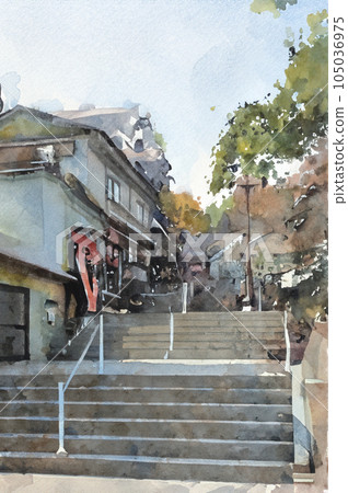 伊香保溫泉的樓梯、石階、溫泉街 水彩畫生成AI 105036975