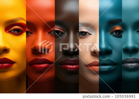 Closeup portrait of diverse multicultural women in bright colours, AI-generated content 105036991
