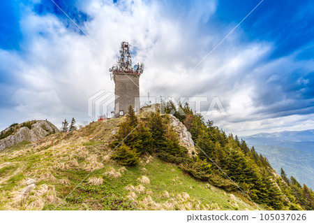 Telecommunication tower with satellite dishes Telecommunication tower with satellite dishes 105037026