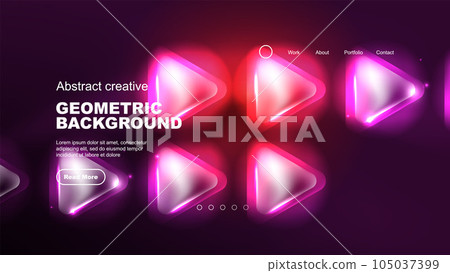 Abstract background landing page, glass geometric shapes with glowing neon light reflections, energy effect concept on glossy forms 105037399
