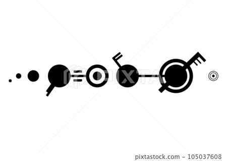 Crop circle pattern. Circles in a straight row, connected with two straight lines, with antenna or rune like structures. Modeled on a crop circle pattern found near Rushock in Worcestershire. Vector. 105037608