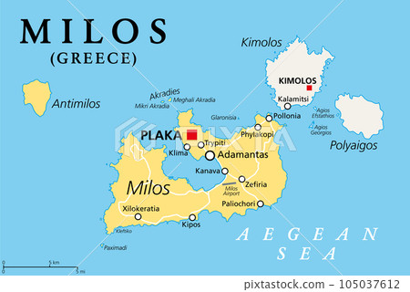 Milos, island of Greece, political map. Volcanic Greek island in the Aegean Sea and part of the Cyclades. Together with Antimilos and smaller islets a municipality, neighboring Kimolos and Polyaigos. 105037612