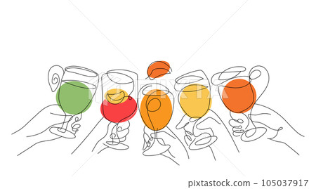 Friendly get-togethers. Friends hands holding drinks. Celebration, greeting or drinking toasts for friendship. Cheers. Line art graphic flat vector illustration isolated on white background 105037917