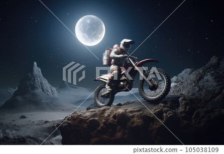 the man is riding a motorcycle in a dark rock and moon environment background 105038109
