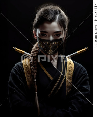 ninja girl in a black mask on a shady background ninja girl in a black mask on a shady background 105038117
