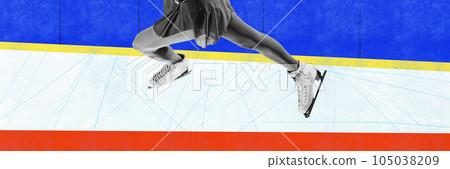 Contemporary art collage. Female legs, figure skater during competition on ice rink. Beautiful performance. Banner 105038209