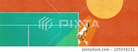Contemporary art collage. Young girl, professional tennis player in motion, training against abstract background 105038211