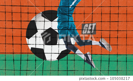 Contemporary art collage. Male legs, football player in motion, hitting ball during match. Sports betting 105038217
