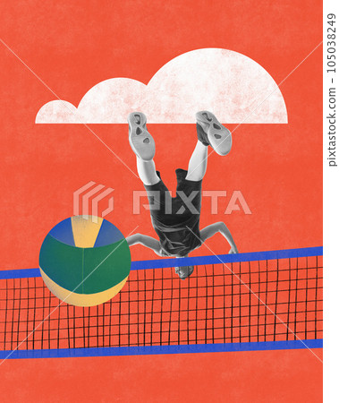 Contemporary art collage. Young man, volleyball player in motion, training, playing over abstract background 105038249