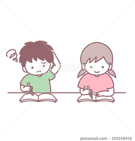 A boy who can't solve a problem and a girl who writes in a notebook 105038458