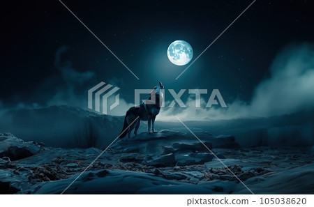 the wolf howls at night at the moon on the rock 105038620