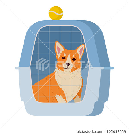Cartoon corgi in dog cage. Dog help adoption shelter or pet shop, pembroke welsh corgi puppy in dog hotel flat vector illustration Cartoon corgi in dog cage. Dog help adoption shelter or pet shop, pembroke welsh corgi puppy in dog hotel flat vector illustration 105038639