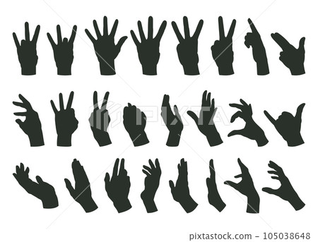 Hands gestures silhouettes. Cartoon human hands signs, call, okay, index finger and peace positions. Sign language flat vector illustration set 105038648