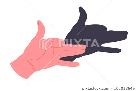 Hands shadow gesture. Cartoon shadow theatre gesture, dog puppet pose flat vector illustration on white background Hands shadow gesture. Cartoon shadow theatre gesture, dog puppet pose flat vector illustration on white background 105038649