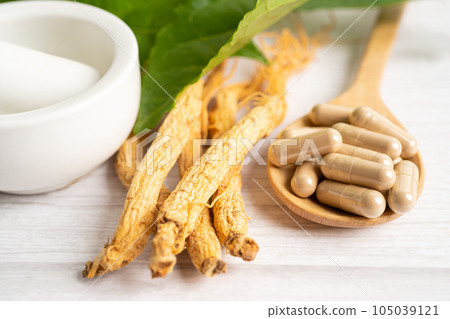 Ginseng, dried vegetable herb. Healthy food famous export food in Korea country. 105039121