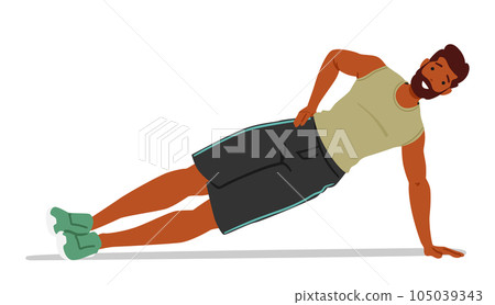 Challenging Exercise That Targets The Core And Oblique Muscles. Male Character Supports Body Weight On One Hand 105039343
