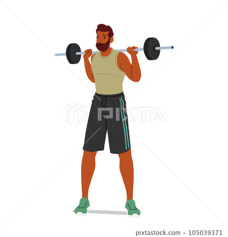Fit Man Performing Fitness Exercises with Barbell, Character Showcasing Strength, Building Muscle, Increasing Endurance 105039371