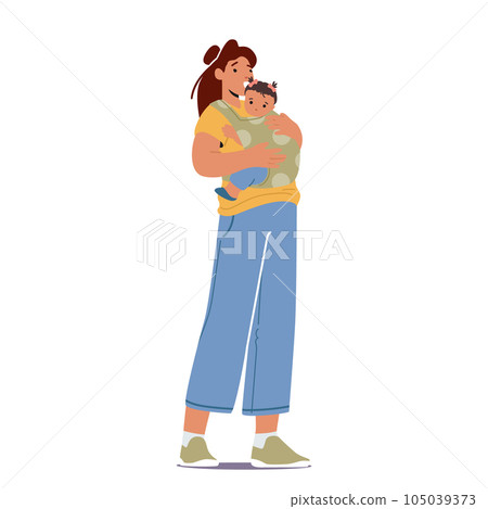 Mother Gently Cradles Her Baby In A Sling, Providing Closeness And Comfort. A Beautiful Bond Between Mother And Child 105039373