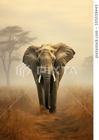 Majestic elephant in Serengeti's savannah, highlighting the raw power and beauty of African wildlife 105039443