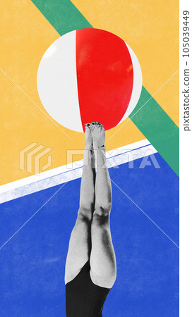 Contemporary art collage. Image with female legs, young woman in swimsuit diving into swimming pool. Colorful design Contemporary art collage. Image with female legs, young woman in swimsuit diving into swimming pool. Colorful design 105039449