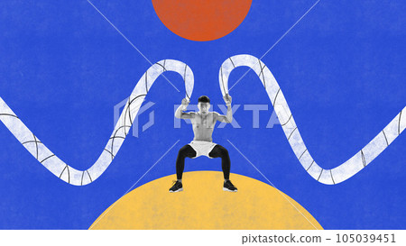 Contemporary art collage. Muscular, athletic, strong man, athlete training, doing full body workout with special equipment Contemporary art collage. Muscular, athletic, strong man, athlete training, doing full body workout with special equipment 105039451
