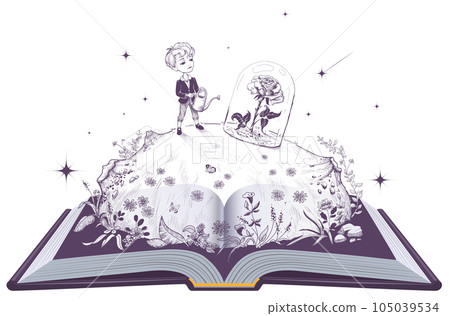 Little prince watering rose flower on a small planet. Open book vector cartoon illustration 105039534