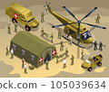 Military field hospital. Helicopter and a military medical car brought the wounded to the hospital illustration isometric icons on isolated background 105039634