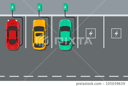 Electric car charger top view. Battery hybrid car parking recharge vector icon Electric car charger top view. Battery hybrid car parking recharge vector icon 105039639