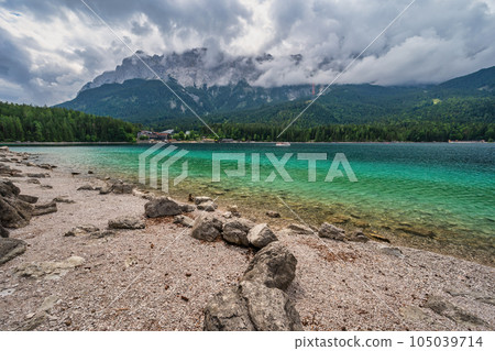 Zugspitze Peak top of Germany Alps mountain range and Eibsee Lake, Garmisch Partenkirchen Germany 105039714