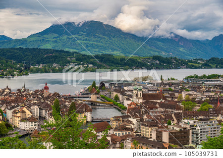 Lucerne (Luzern) Switzerland, high angle view city skyline at Chapel Bridge, Reuss River and Lake Lucerne 105039731