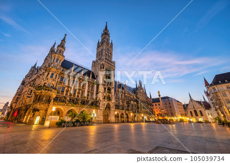 Munich (Munchen) Germany, sunrise city skyline at Marienplatz new Town Hall Square 105039734