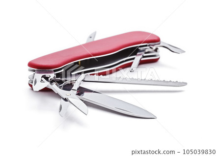 Swiss army multipurpose multitool knife isolated on white Swiss army multipurpose multitool knife isolated on white 105039830