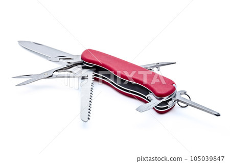 Swiss army multipurpose multitool pocket knife isolated on white Swiss army multipurpose multitool pocket knife isolated on white 105039847