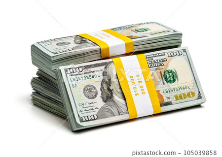 Creative business finance making money concept - stack of bundles of 100 US dollars 2013 edition banknotes bills isolated on white 105039858