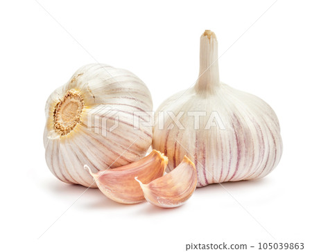 Two garlic bulbs and cloves isolated on white background Two garlic bulbs and cloves isolated on white background 105039863