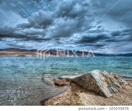 High dynamic range (hdr) image of Himalayan mountain lake in Himalayas Tso Moriri (official name: Tsomoriri Wetland Conservation Reserve), Korzok, Changthang area, Ladakh, Jammu and Kashmir, India 105039876