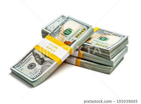 Creative business finance making money concept - stack of bundles of 100 US dollars 2013 edition banknotes bills isolated on white 105039885