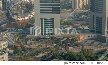 Dubai museum of future exterior design aerial timelapse. 105040552
