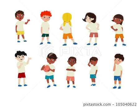 School children in stylish clothes, white tshirts, football isolated vector illustrations set on white background. Vector illustration 105040622